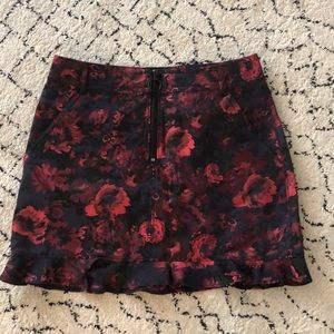 Express Maroon & Blue Roses Ruffle Mini Skirt